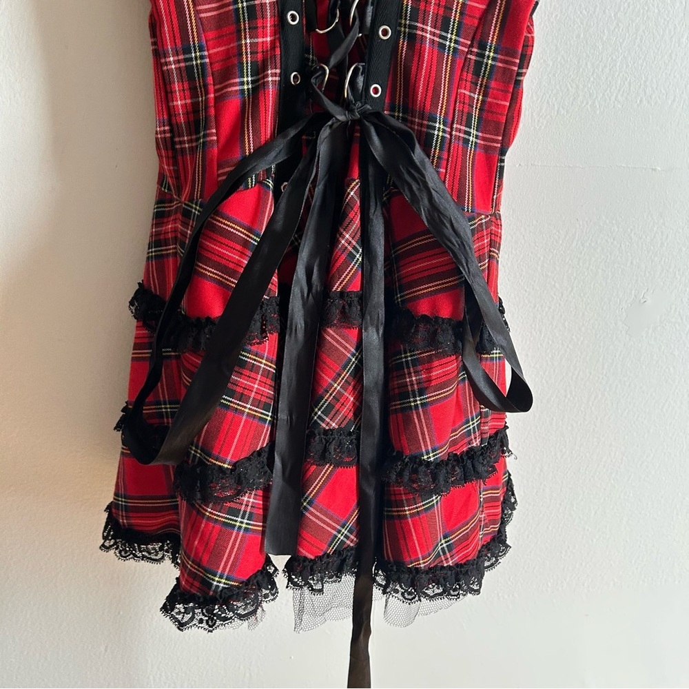 Hearts And Roses Sz 10 Harley Tartan Plaid Lace Emo Goth Mini Dress - Picture 3 of 12